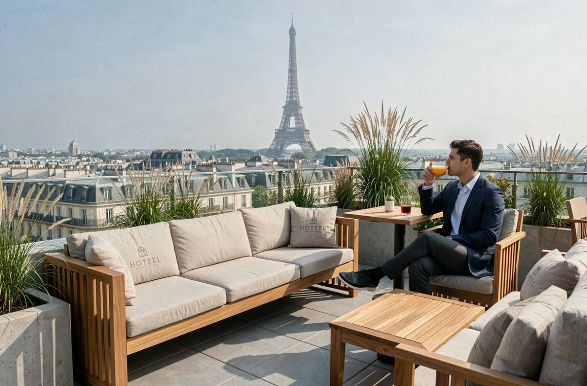 Rooftop et terrasse du Brach Paris dans le 16e arrondissement avec vue sur la Tour Eiffel et mobilier design contemporain