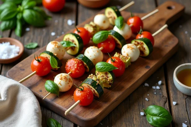 Plateau de brochettes apéro végétariennes colorées sur une planche en bois rustique avec tomates cerises, mozzarella et courgettes grillées