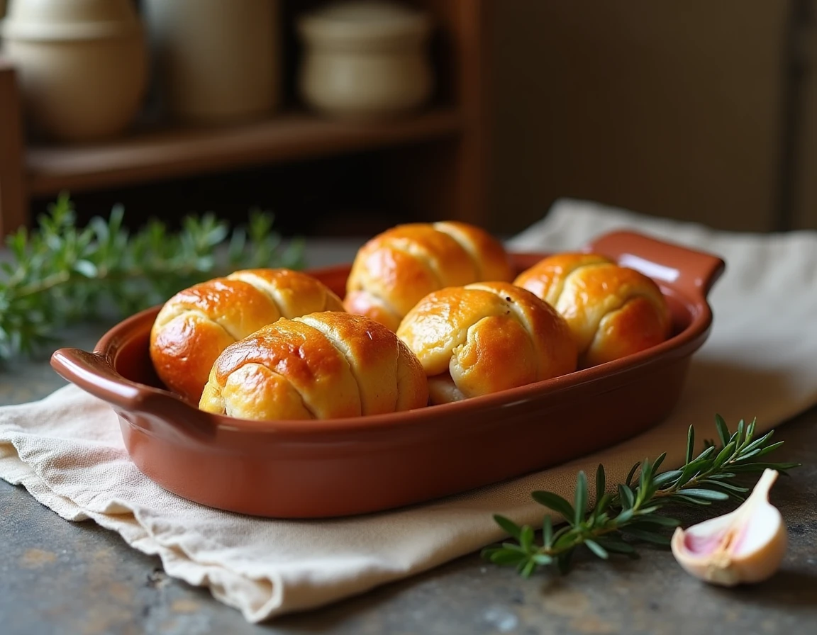 Caillettes ardéchoises dorées et croustillantes dans un plat en terre cuite, recette traditionnelle de l'Ardèche sortant du four