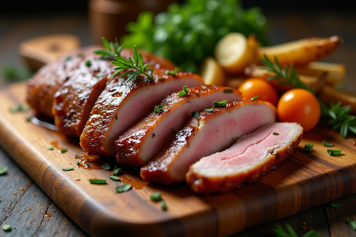 Magret de canard tranché sur planche en bois avec herbes