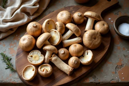 Cèpes frais sur une planche en bois pour préparer une sauce au thermomix