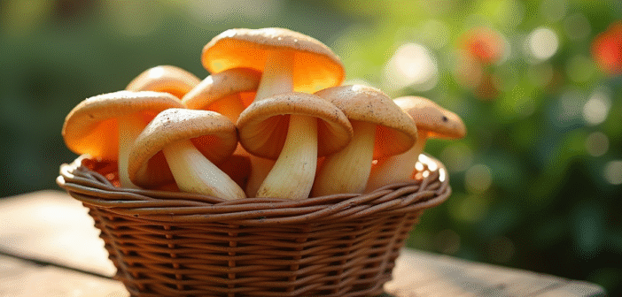 Champignons chanterelles fraîches dans un panier en osier