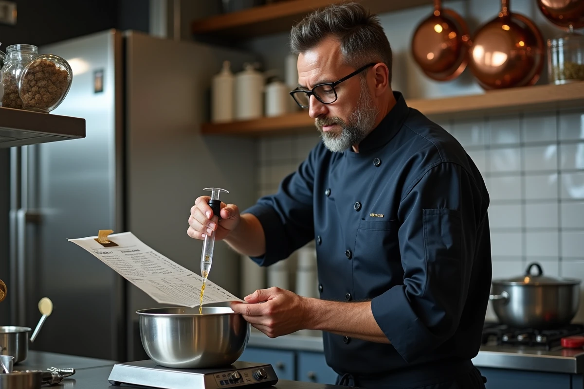 Chef cuisinier consultant un tableau de conversion de centilitres en grammes dans une cuisine professionnelle avec balance et outils de mesure