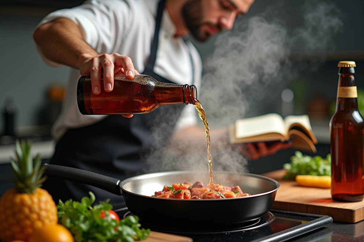 Chef versant bière IPA dans une poêle en cuisine moderne