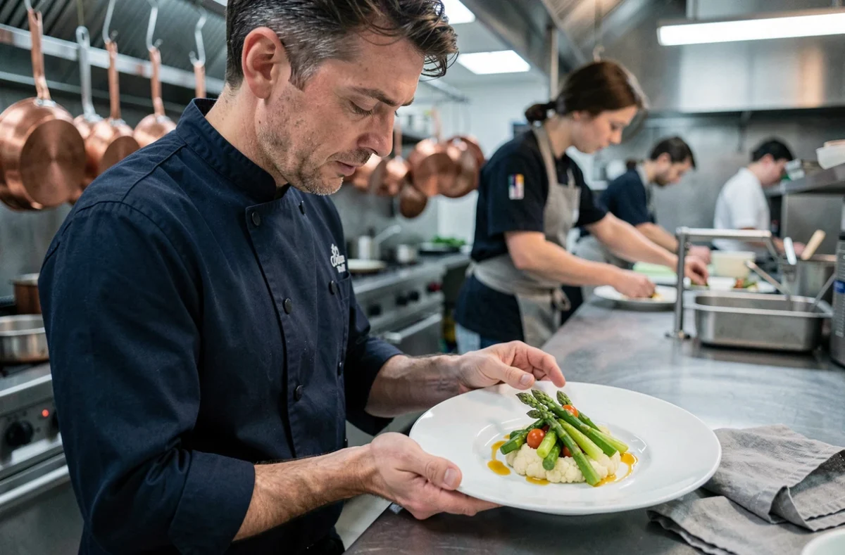 Chef cuisinier en train de dresser un plat raffiné à base de légumes de saison d'avril dans une cuisine professionnelle