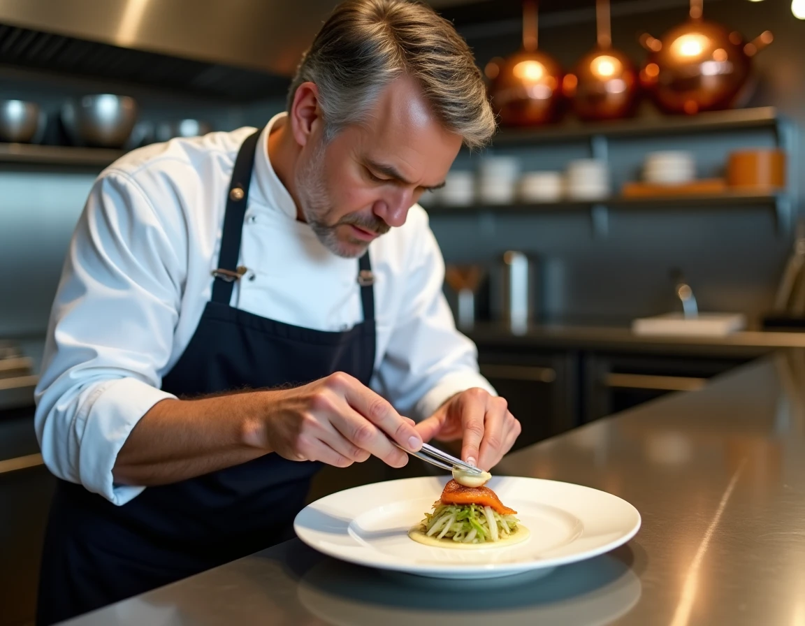Chef cuisinier dressant une choucroute aux poissons raffinée dans une cuisine de restaurant moderne
