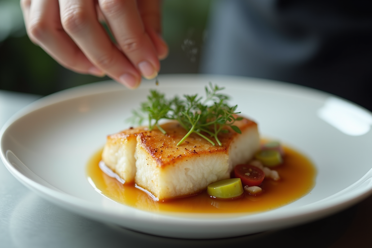 Chef dressant un filet de cabillaud doré sur assiette blanche