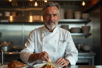 Chef français en cuisine élégante en train de dresser un plat