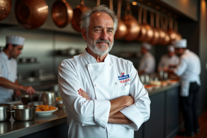 Chef français étoilé dans une cuisine professionnelle élégante