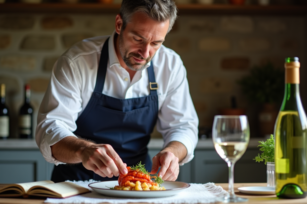 Homme français en cuisine en train de dresser un homard poché