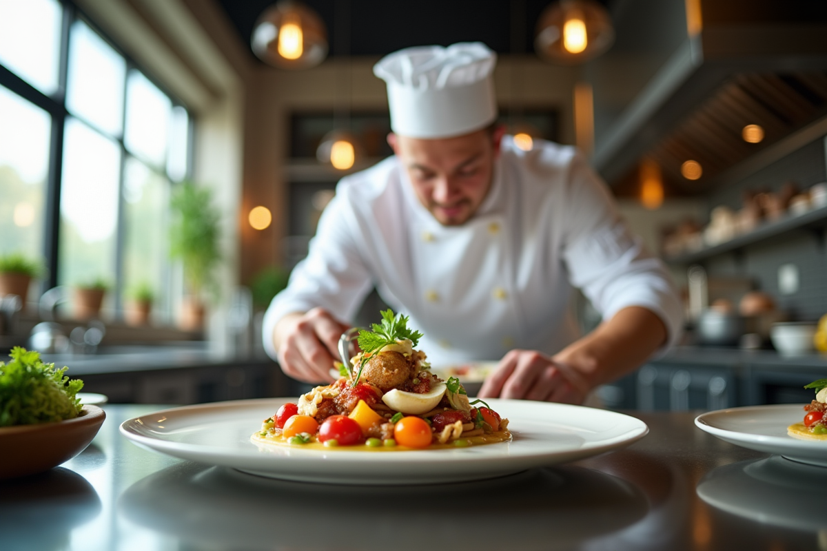 Chef en uniforme dressant un plat dans une cuisine moderne lumineuse