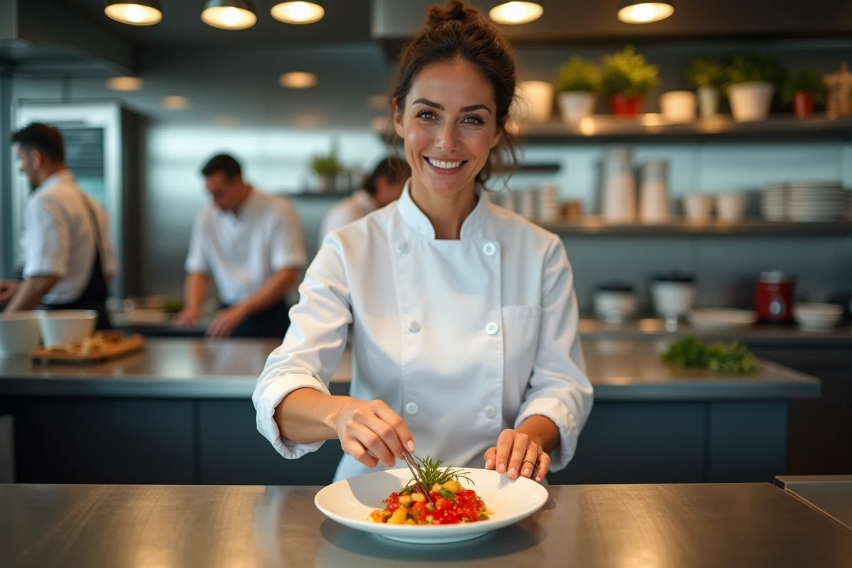 Chef en uniforme dressant un plat dans une cuisine moderne lumineuse