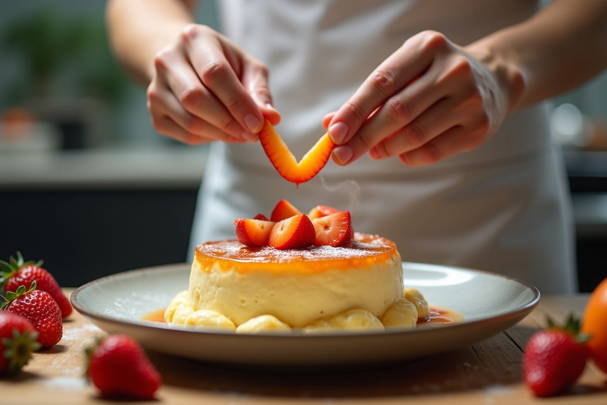Chef ajoutant des fruits en Y sur un dessert chaud