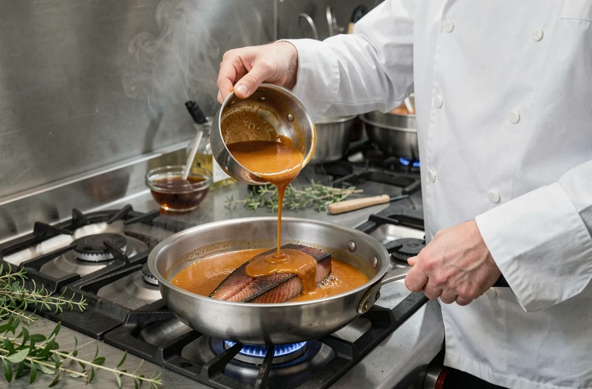 Chef versant une sauce homardine sur un médaillon de queue de lotte dans une poêle en inox, cuisine professionnelle gastronomique