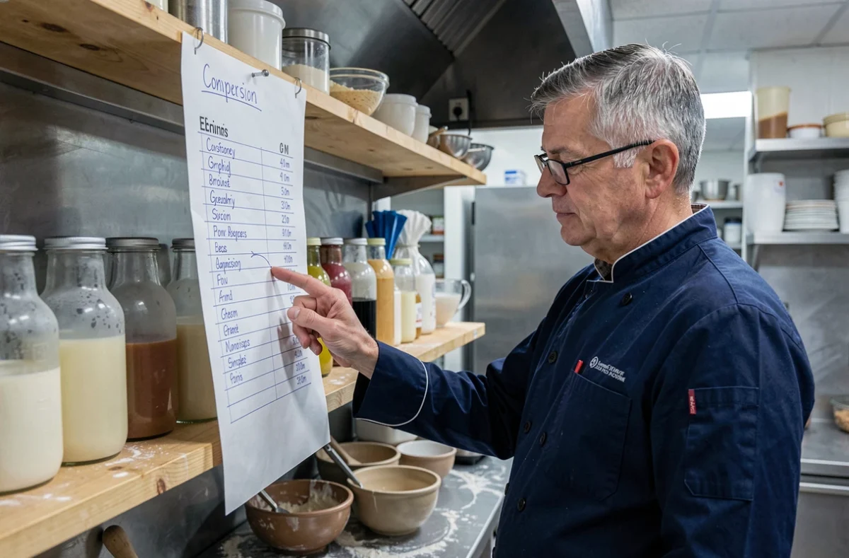 Chef pâtissier consultant un tableau de conversion grammes et centilitres dans une cuisine professionnelle