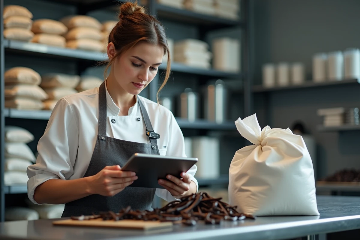 Cheffe pâtissière consultant une facture fournisseur pour l'achat en gros de vanille dans une cuisine de production professionnelle