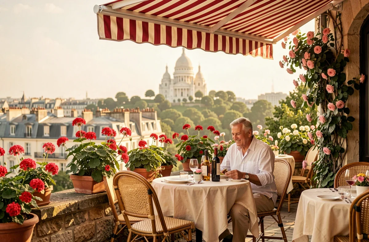 Terrasse du restaurant Chez Eugène à Montmartre avec vue sur le Sacré-Cœur, chaises en osier et ambiance romantique parisienne