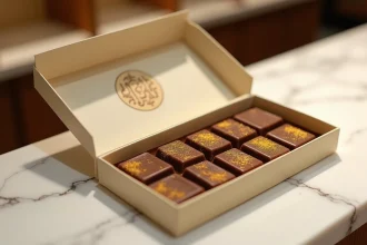 Boîte de chocolats Dubaï ouverte avec certification halal visible sur l'emballage, sur un comptoir en marbre dans une chocolaterie haut de gamme