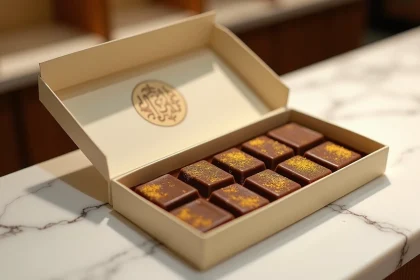 Boîte de chocolats Dubaï ouverte avec certification halal visible sur l'emballage, sur un comptoir en marbre dans une chocolaterie haut de gamme