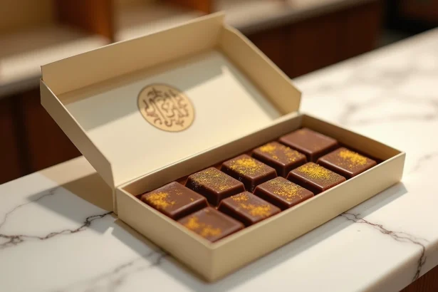 Boîte de chocolats Dubaï ouverte avec certification halal visible sur l'emballage, sur un comptoir en marbre dans une chocolaterie haut de gamme