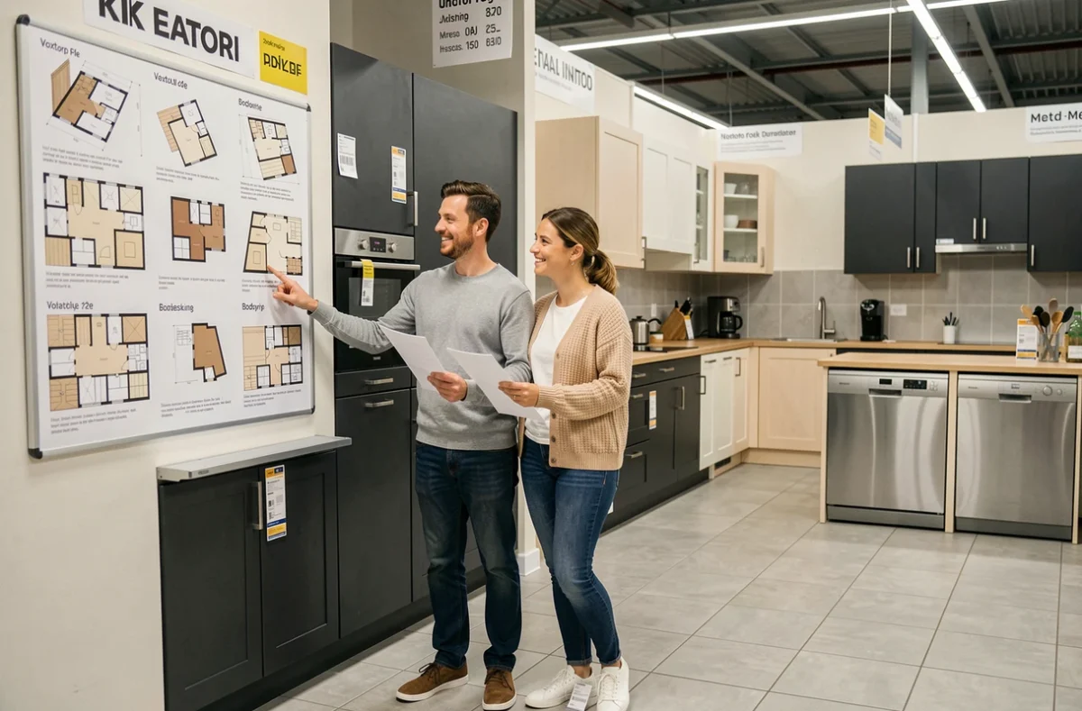 Couple en train de choisir la configuration de leur cuisine Ikea dans un showroom avec différents modèles exposés