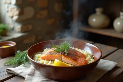 Bol de choucroute aux poissons avec saumon et cabillaud sur table en chêne dans une cuisine alsacienne rustique