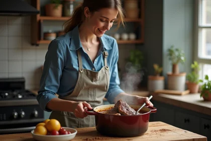 Femme préparant un plat d'agneau dans une cuisine chaleureuse