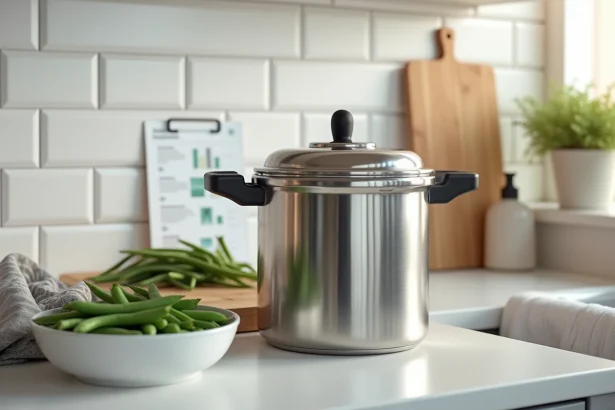 Cocotte-minute en inox posée sur un plan de travail de cuisine moderne avec des haricots verts frais dans un bol blanc