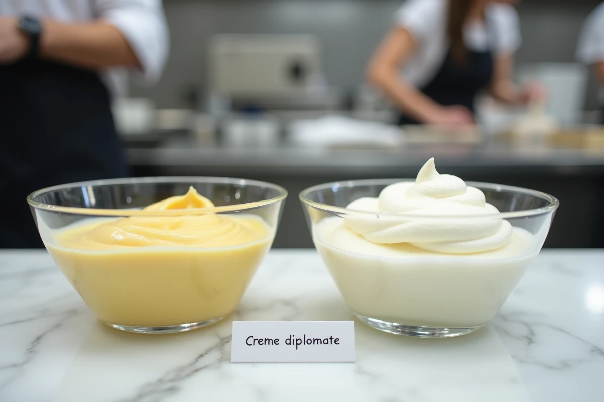 Comparaison côte à côte de la pâte pâtissière dense et de la crème diplomate aérienne dans des bols en verre sur marbre blanc dans une école de pâtisserie