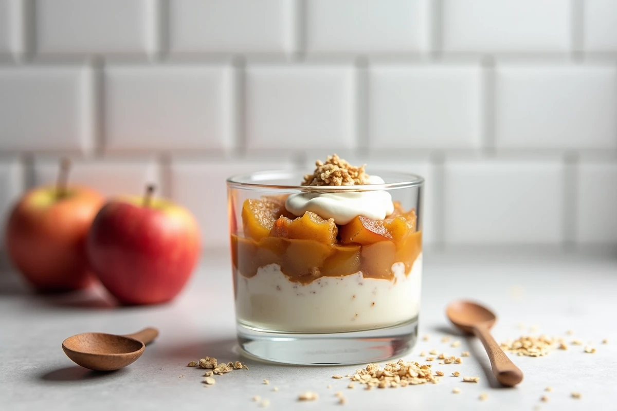 Verre de compote de pommes épicée en couches avec yaourt grec et crumble d'avoine sur une surface en béton gris, style scandinave