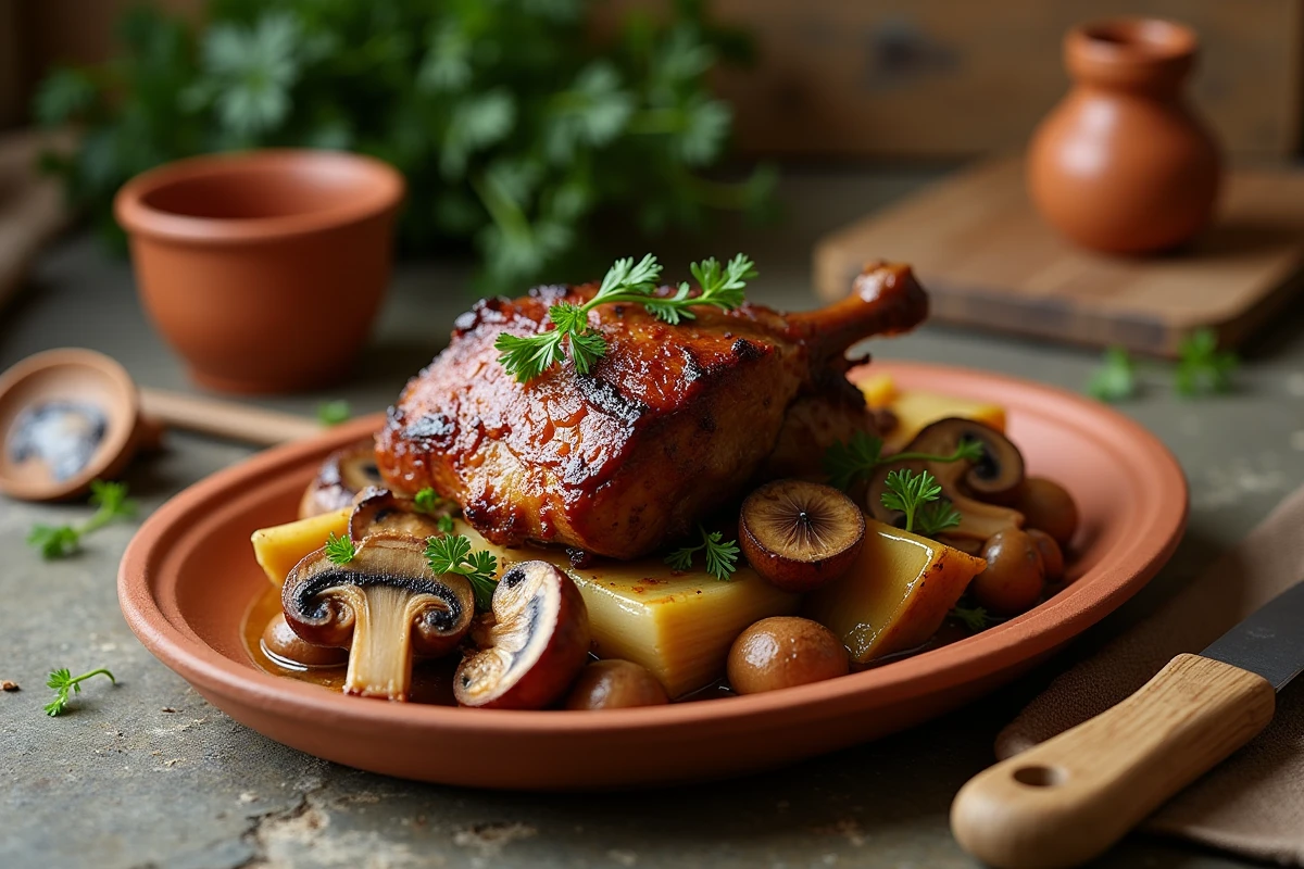 Confit de canard sur lit de champignons sauvages et fenouil rôti dans un plat en terracotta