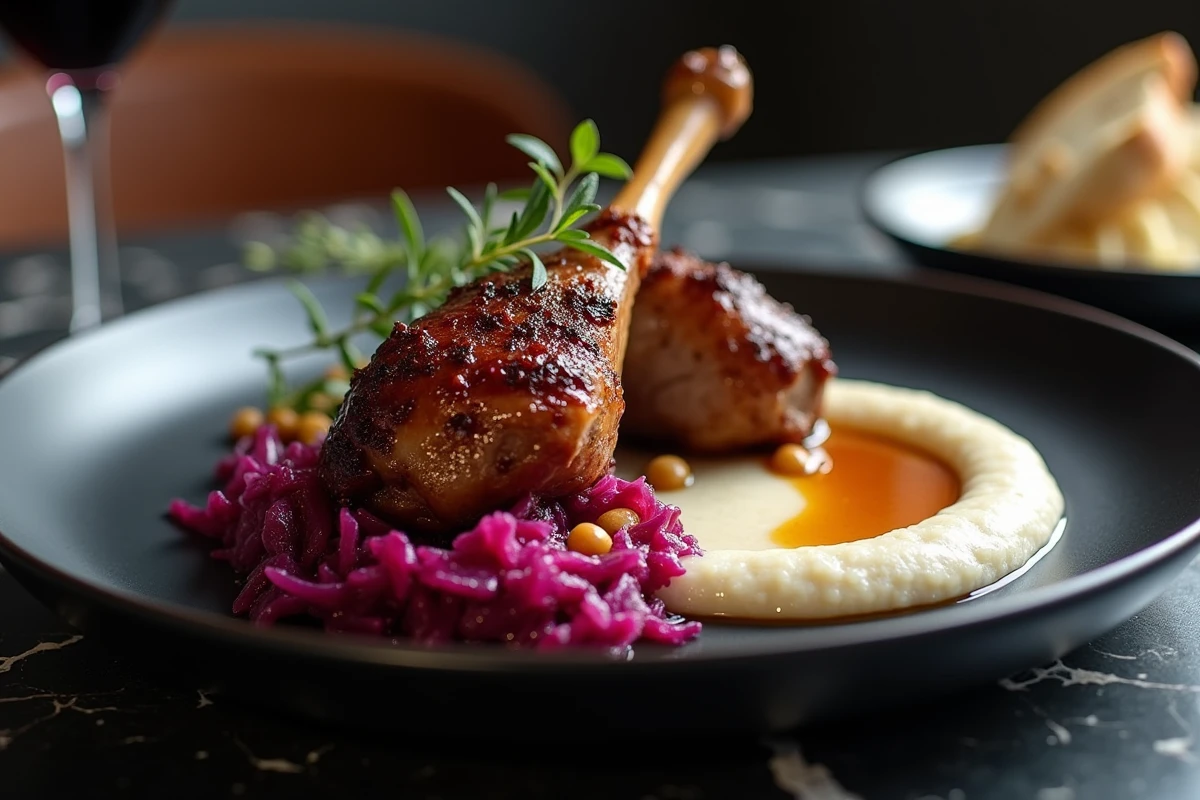 Confit de canard avec chou rouge braisé et purée de lentilles dans un bistro moderne