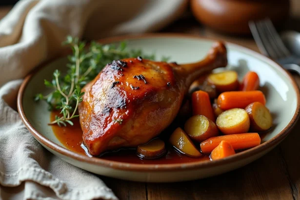 Confit de canard accompagné de légumes racines rôtis sans pommes de terre sur une table en bois rustique