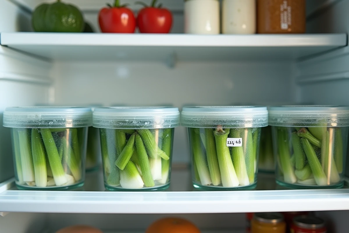 Poireaux cuits conservés dans des boîtes en verre hermétiques au réfrigérateur, organisation meal prep pour la semaine