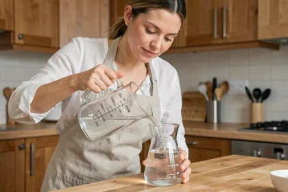 Femme versant 40 cl de liquide depuis un verre doseur gradué dans une cuisine domestique moderne