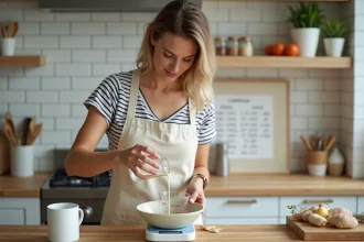 Femme mesurant des centilitres de liquide avec une tasse graduée et une balance de cuisine numérique sur un plan de travail en bois