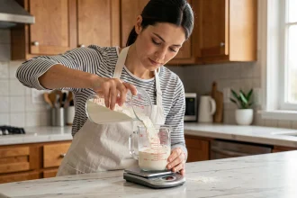 Femme mesurant des ingrédients avec une balance de cuisine et un verre gradué pour convertir des grammes en centilitres