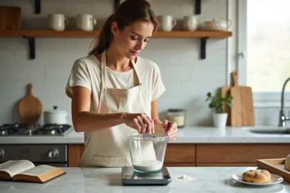 Femme convertissant des grammes en centilitres en cuisine, pesant de la farine sur une balance digitale avec un verre doseur sur un plan de travail en marbre