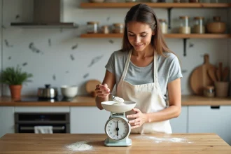 Femme en tablier blanc pesant de la farine sur une balance de cuisine vintage avec des ingrédients en arrière-plan