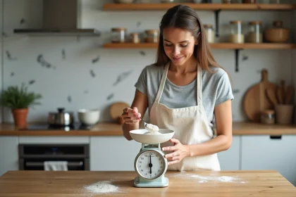 Femme en tablier blanc pesant de la farine sur une balance de cuisine vintage avec des ingrédients en arrière-plan