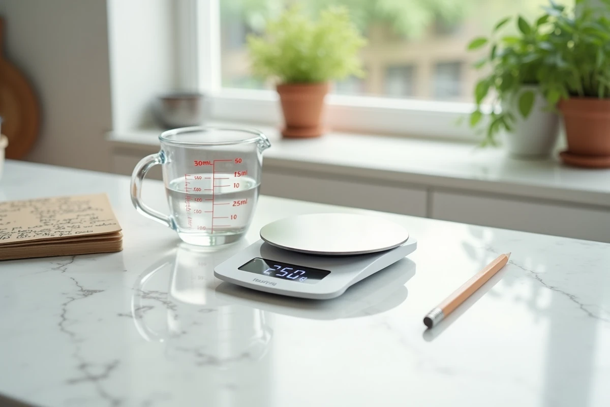 Balance numérique affichant 250g et verre doseur avec notes manuscrites de conversion grammes en litres