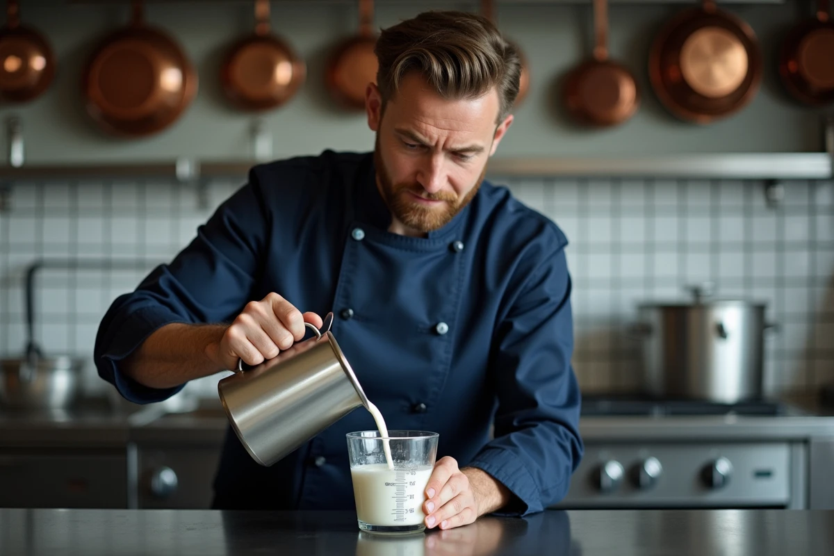 Chef professionnel versant du lait dans un verre doseur gradué dans une cuisine de restaurant