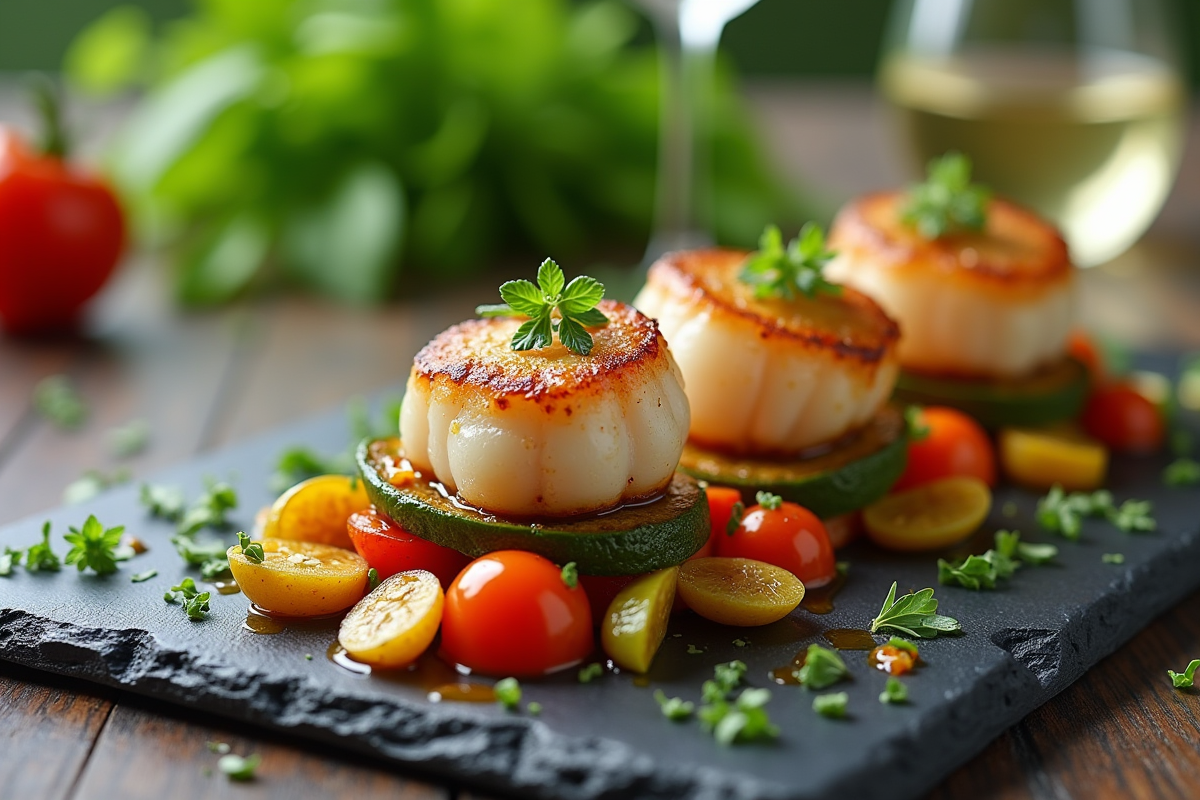 Coquilles seichees sur legumes rôtis avec sauce aux herbes