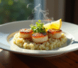 Coquilles seichees sur assiette avec risotto au leek