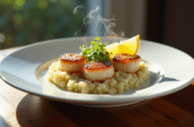 Coquilles seichees sur assiette avec risotto au leek