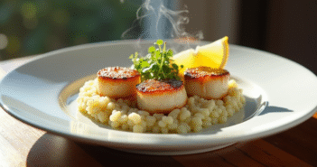 Coquilles seichees sur assiette avec risotto au leek