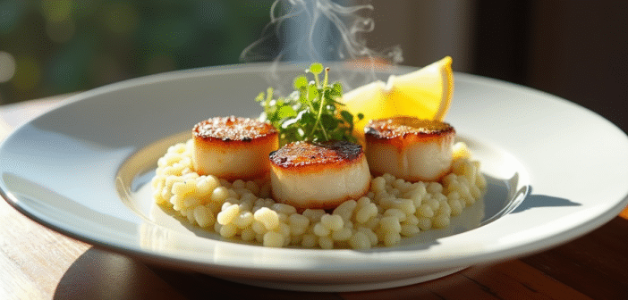 Coquilles seichees sur assiette avec risotto au leek