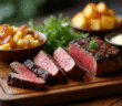 Entrecôte grillée tranchée sur planche en bois rustique