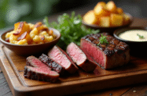 Entrecôte grillée tranchée sur planche en bois rustique