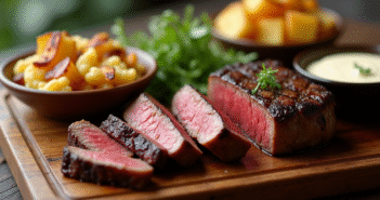 Entrecôte grillée tranchée sur planche en bois rustique